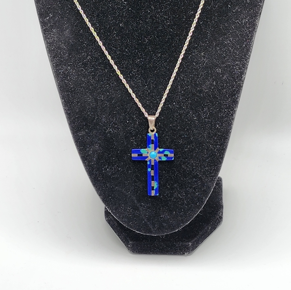 RARE TAXCO Mexico 925 TN-53 Cross Crucifix pendant necklace w inlay turquoise